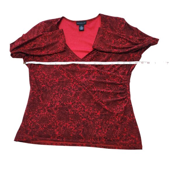 Rafaella Red with Black Print Wrap & Ruched Front V-Neck Blouse Size L - Picture 10 of 14